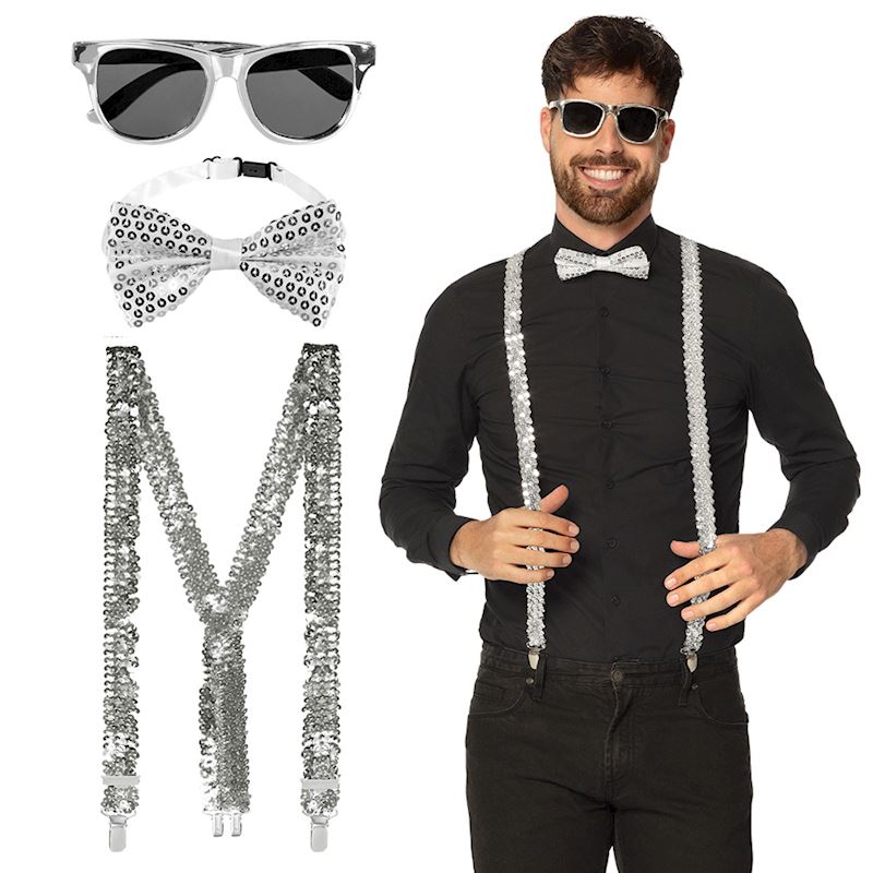 PARTY SET SILBER BRILLE, FLIEGE UND HOSENTRÄGER