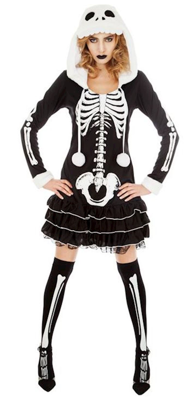 Kostüm Lady Skelett mit Kapuze & Strümpfen